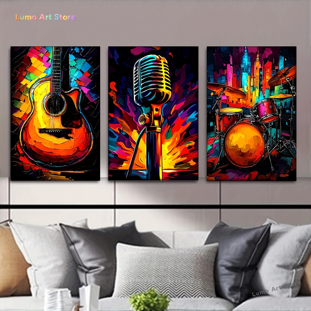 Musical Instrument In Drawing - 2D 3 Parça/Set, Kanvas Tablo--Çerçevesiz, Neon