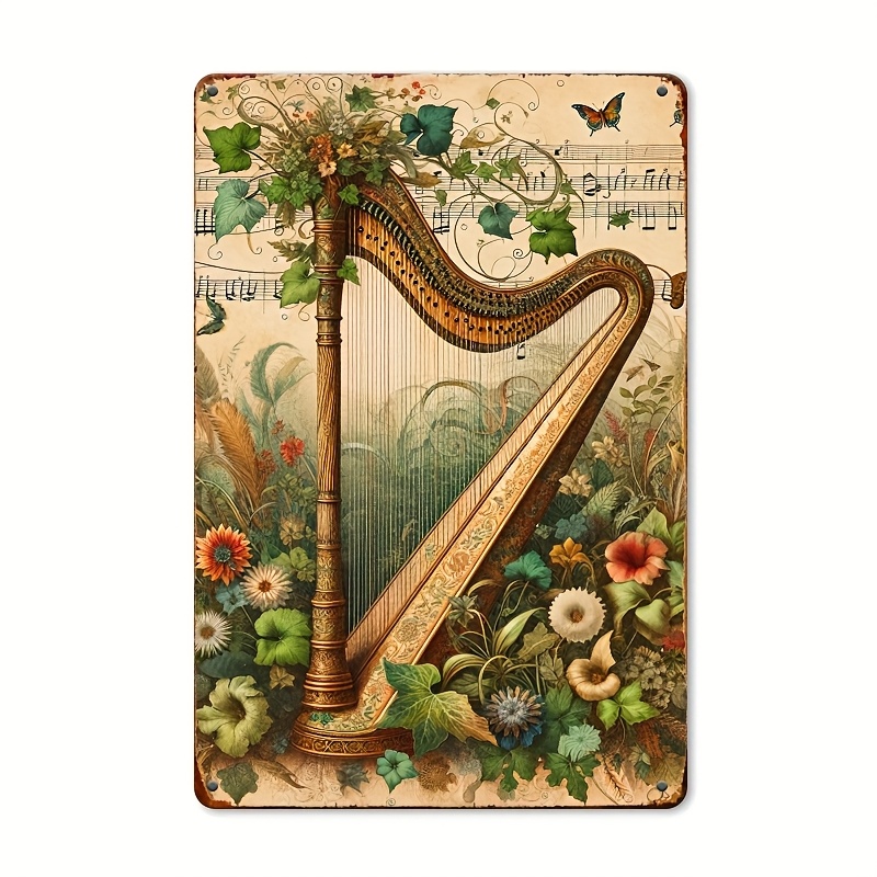 Musical Instrument Sign - Vintage Arp Çiçekli Nota Metal Tabela